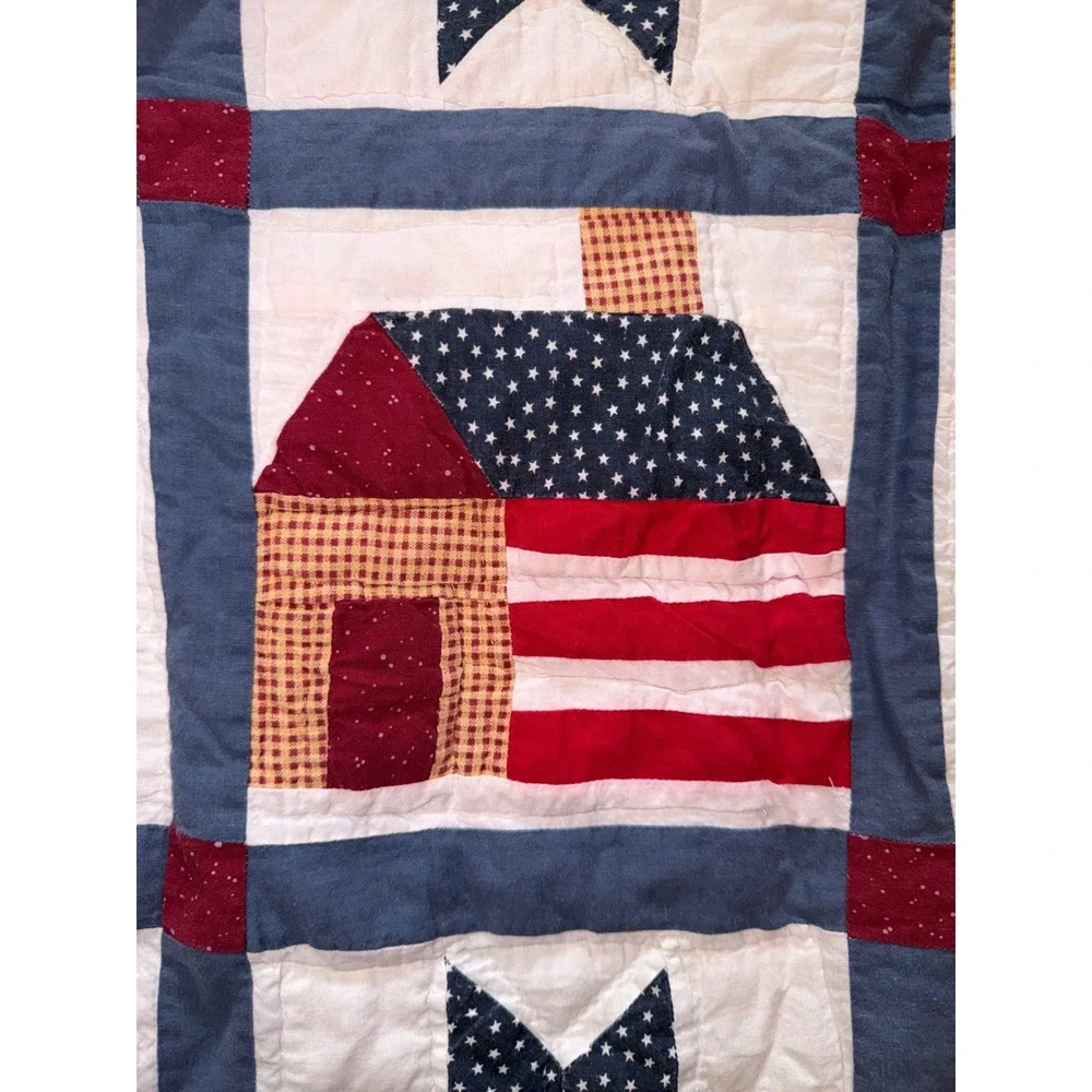 Vintage Americana Patchwork Quilt Full Schoolhouse Star Patriotic Red White Blue